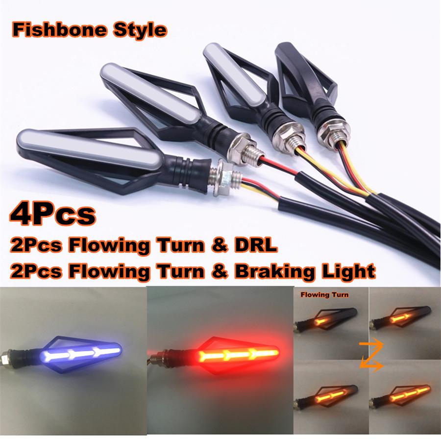 Universal 2 Pair Fishbone Style Front DRL Rear Tailight Flasher Strobe Dual colors 3 In 1 DRL Brake Flowing Turn Signal Indicator Lights Lamp Replace