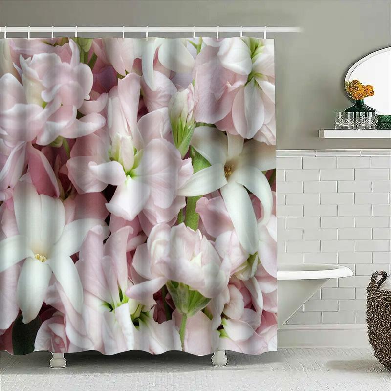 Pink White Flower Shower Curtain Decorative Home Bath Tub Bathroom Waterproof Fabric Washable Shower Curtains Decoration (180X24