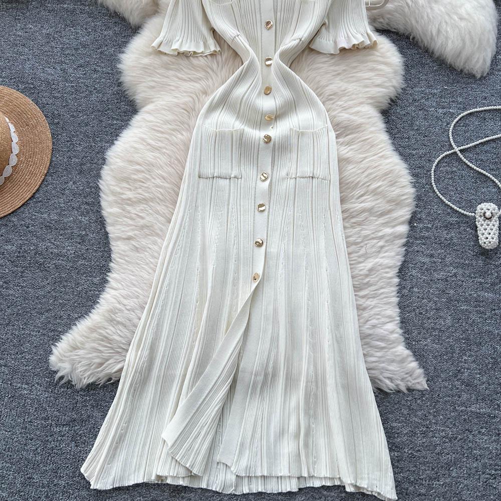 Korean Simple Design Lapel Knitted Dress Women's Summer Slim and Thin Single-breasted Royal Sister Temperament Long Dress