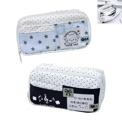 Cat Pattern Pencil Case with Blue Polka Dot Design Pencil Bag for Students School Supplies Multi-Layer Large Capacity Pen Bag