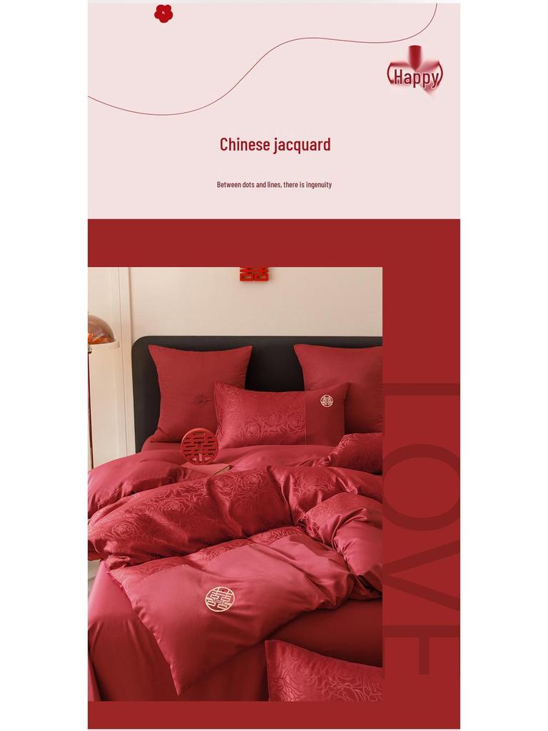 Rotes chinesisches Hochzeitsbettwäsche-Set: Braut-Bettbezug, Spannbettlaken und Happy Quilt für die Aussteuer