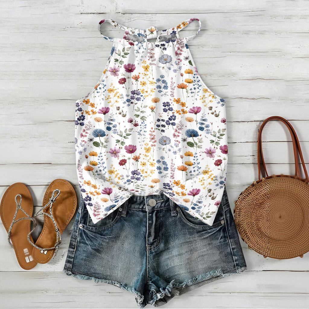 Women Sleeveless Bohemian Floral Print Tank Top Loose Fit Neck Blouse Casual Summer Lightweight Camisole Shirt