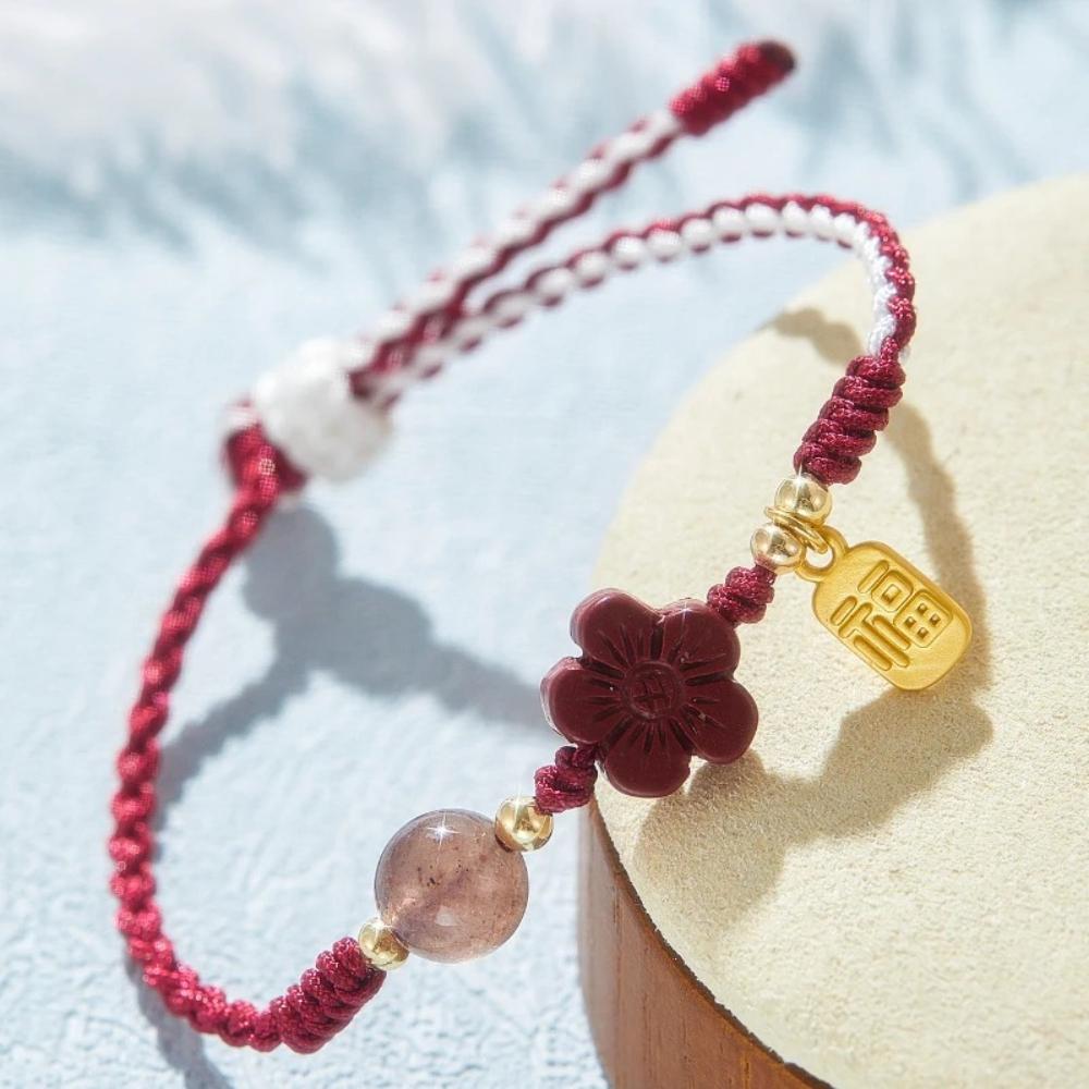 Fashion Hand-Woven Strawberry Quartz Bracelet Lucky Peach Blossom Red Rope Adjustable Ins Style Minority Design Gift Jewelry
