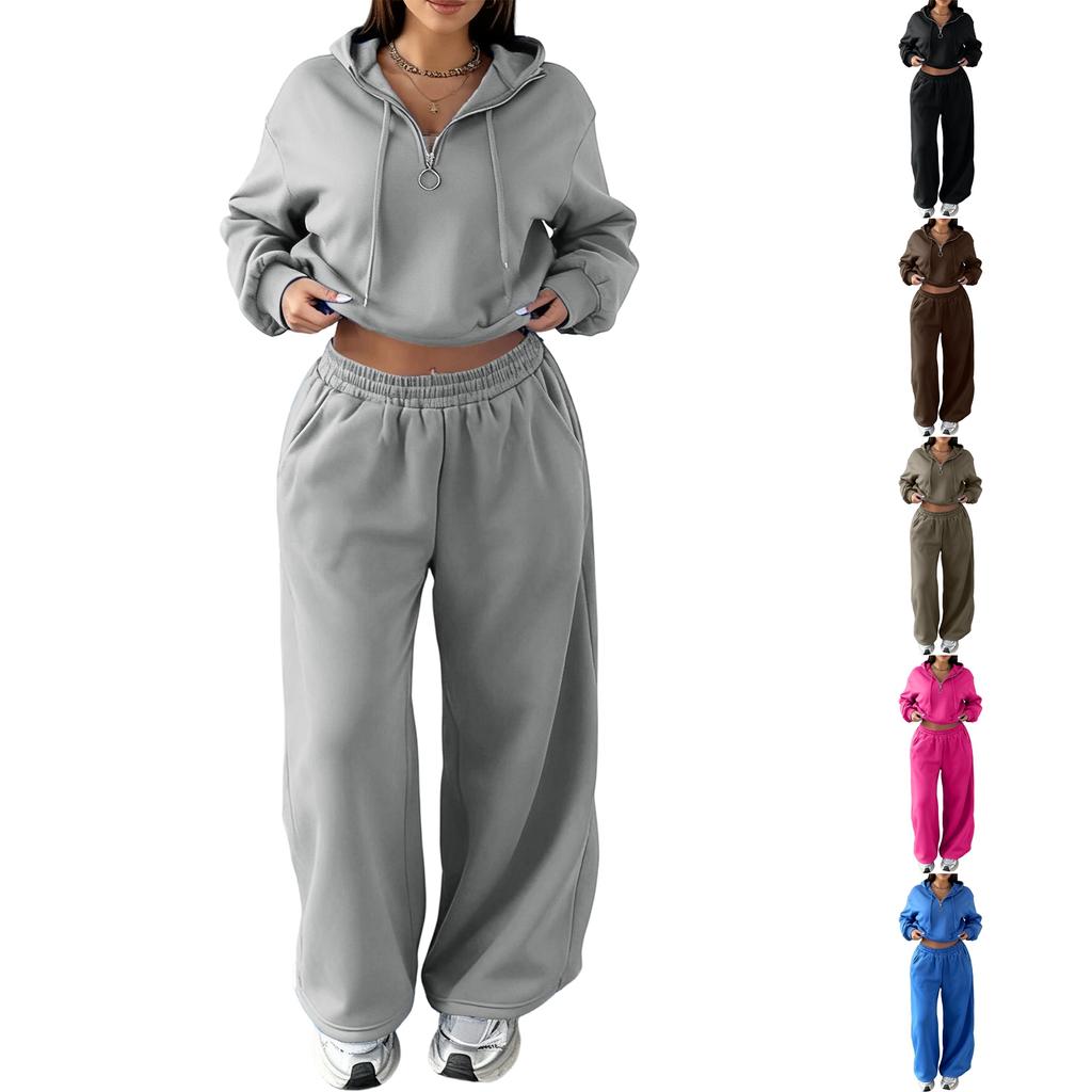 Damen Casual Pullover Hoodie mit halber Knopfleiste und locker sitzende Casual Sweatpants Set