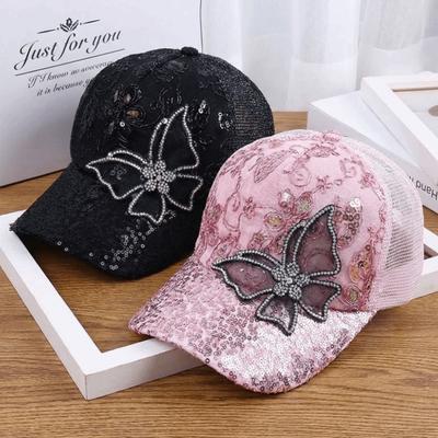 Fashion Mesh Women's Baseball Cap Breathable Butterfly Decor Sun Hat Adjustable Black Rhinestone Peaked Cap Spring Summer Autumn
