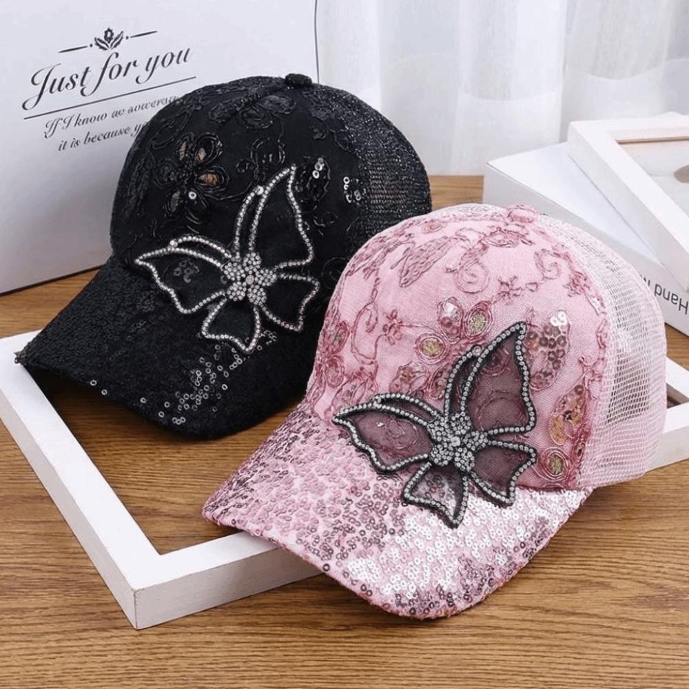 Fashion Mesh Women's Baseball Cap Breathable Butterfly Decor Sun Hat Adjustable Black Rhinestone Peaked Cap Spring Summer Autumn