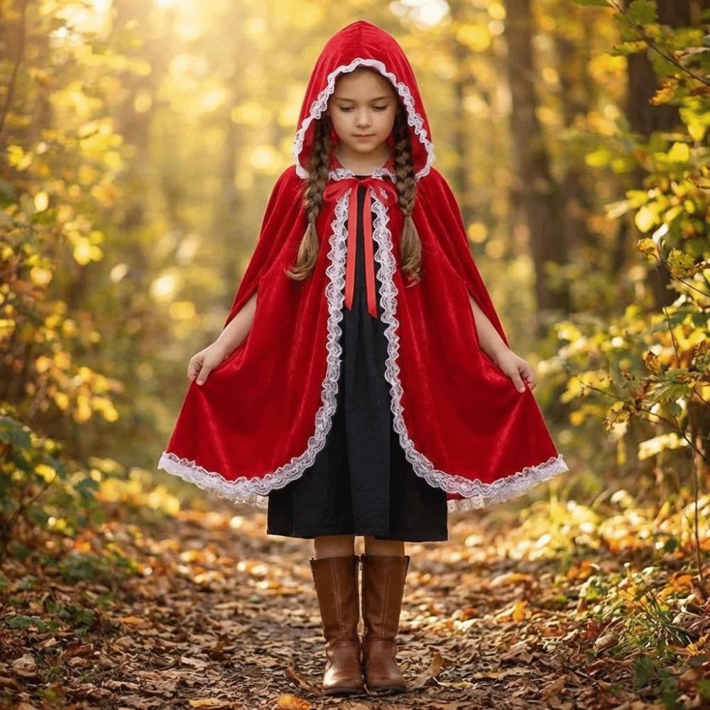 Polyester Red Hooded Cloak Fairy Tale Cosplay Costume Cape Creative Lace Trim Cloak Halloween