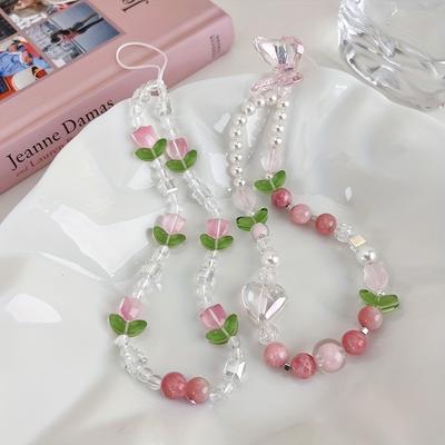 Peach Beaded Mobile Phone Charm Strap Chain, Women Sweet Girls Jewelry, Pearl Cellphone Flower Lanyard for iPhone Keychain