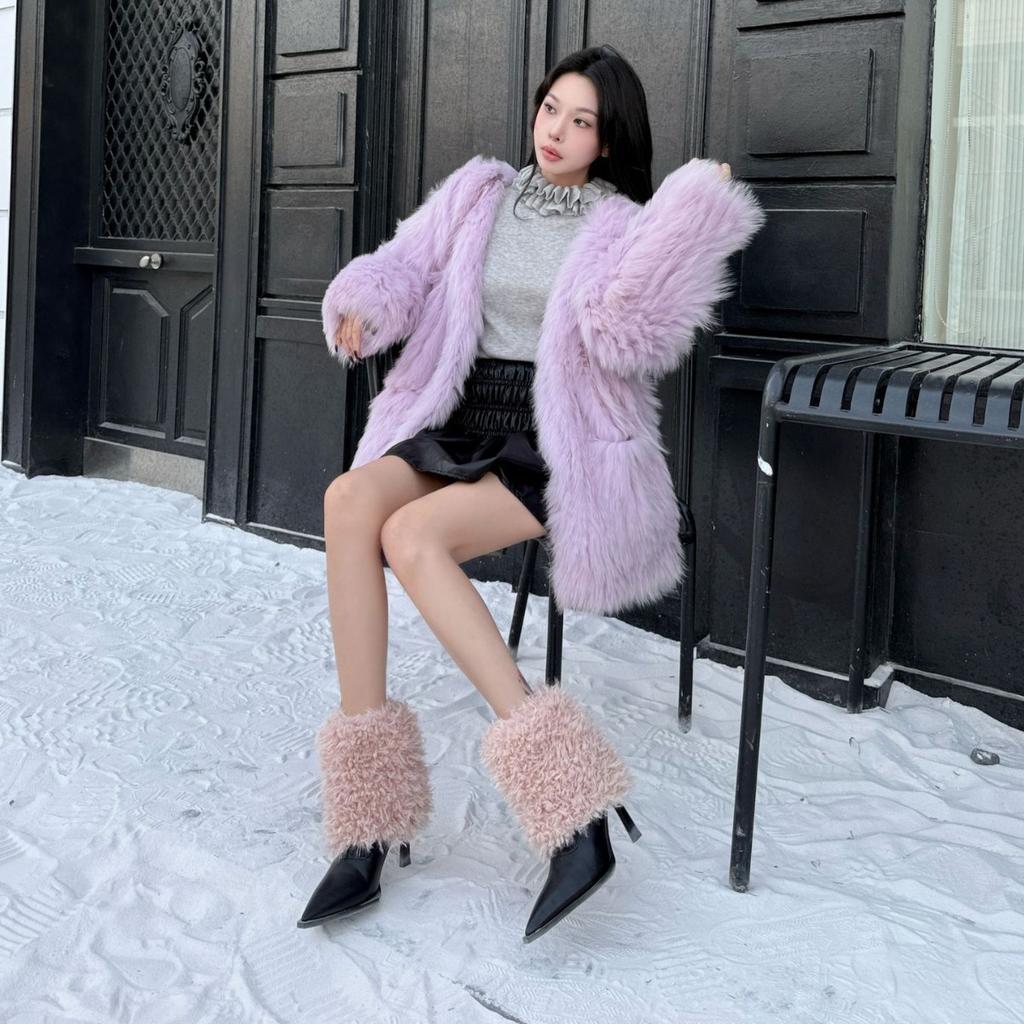 2025 autumn new thick high-heeled pink fluffy Martin fashion pointed mid-pass boots cover feet sexy women's short boots