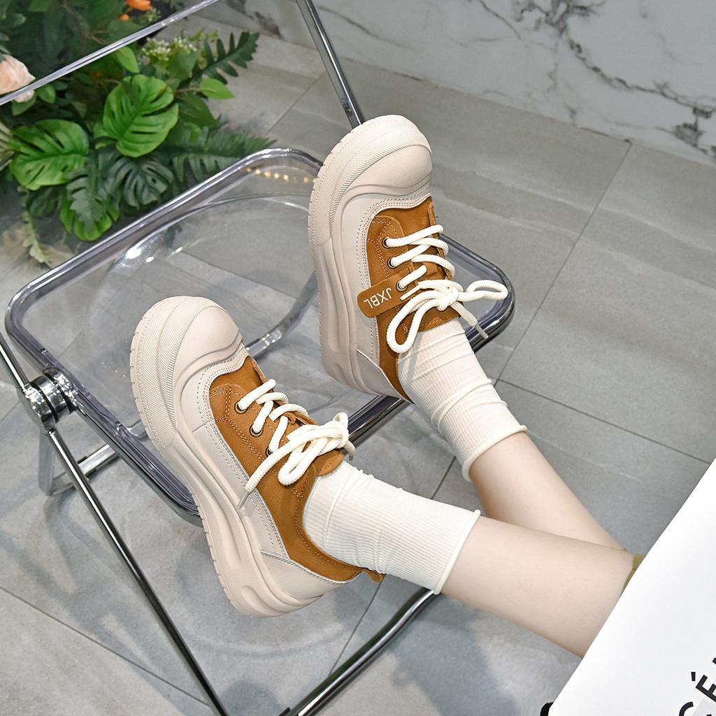 thick-soled white shoes women's autumn lace-up color matching single shoes comfortable letter board shoes