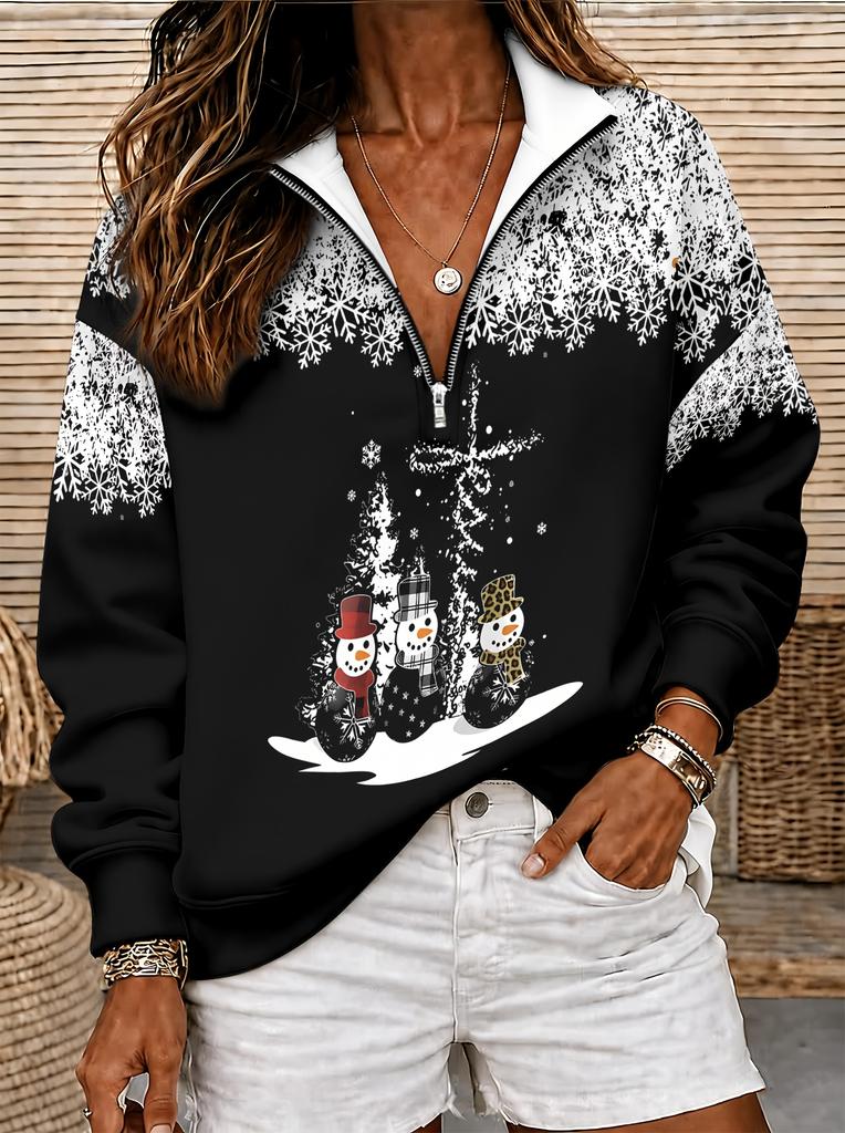 Women's casual sports black and white Christmas snowman full print fashion half-zip sweatshirt