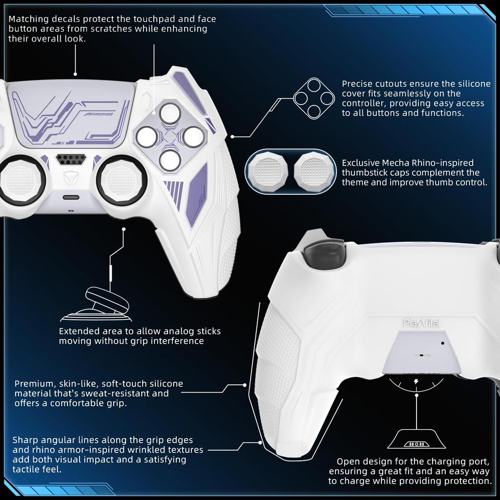PlayVital PS5 Controller Silicone Mecha Rhino Shockproof Protective Easy Includes Thumb Grips and Compatible with Charging White and Light Purple
