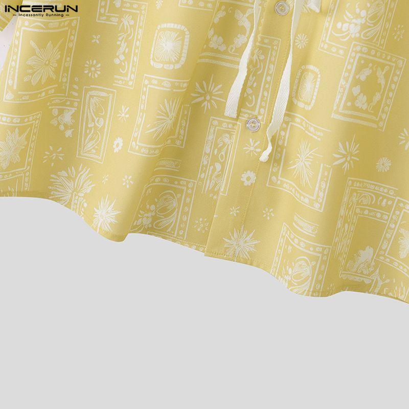 INCERUN Herren Reverskragen Kurzarm Floral Print Splicing Spitze Lässige Lockere T-Shirts Hemden