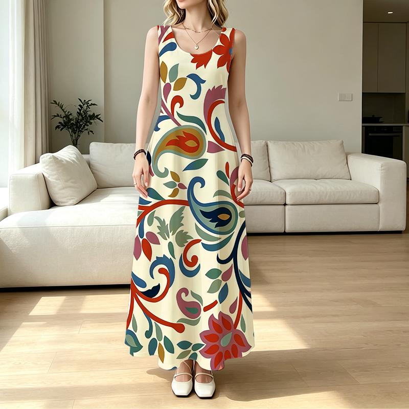Women's Sleeveless Paisley Pattern Floor-Length Dress,Comfortable Flowy Skirt,Ideal for Beach Vacation,Daily Casual & Friend Gatherings