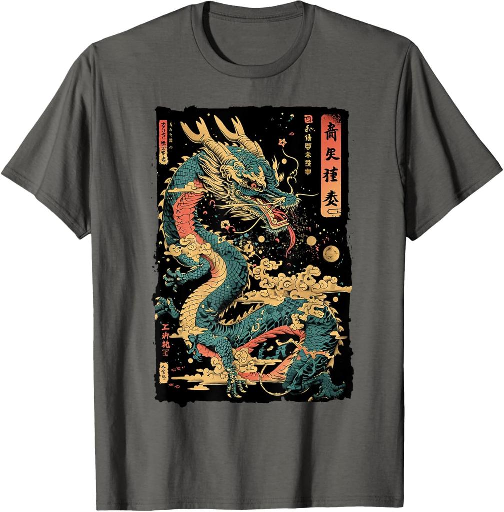 Japanese Dragon Graphic Tee Mens Casual Cotton Print Short Sleeve Crew Neck TShirt