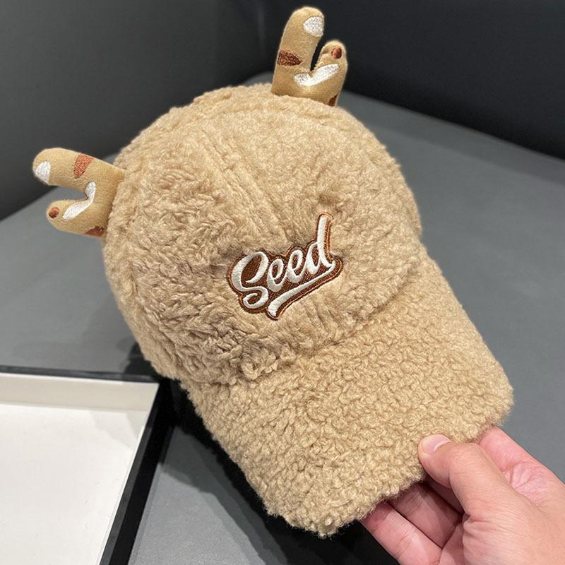 Cute Antler Hat Lamb Wool Baseball Cap Autumn and Winter Women's Versatile Sweet Warm Cartoon Cap