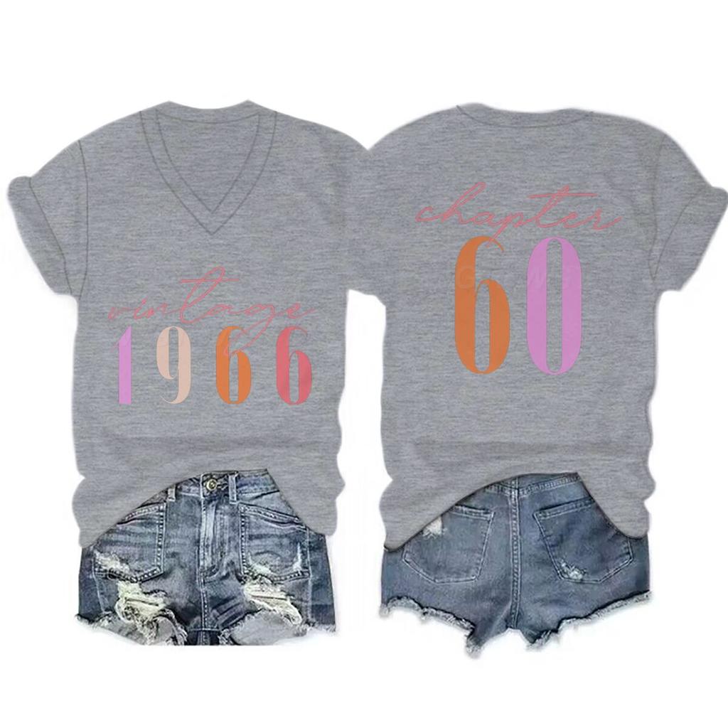 Unisexs Tee Shirt Vintage 1966 Chapter 60 Front And Back Print V Neck Tshirt 60th Birthday Short Sleeve Graphic Tee Unisex
