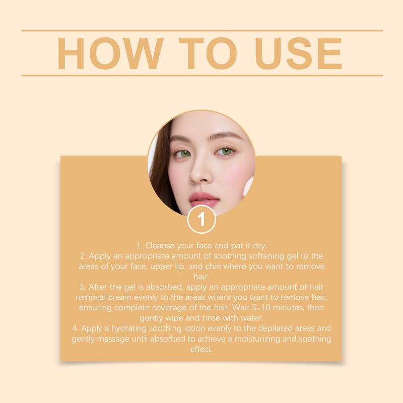 Women Facial Hair Removal Cream Kit Three Step Soft Skin Solution Home Use Gentle Cleansing Moisturizing