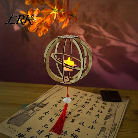 Wooden Lantern Making Set DIY Kit for Mid-Autumn Festival, Hollow Rotating Ring Chinese Style with Rabbit, Handmade LED Candle Toy Tassels Hanging