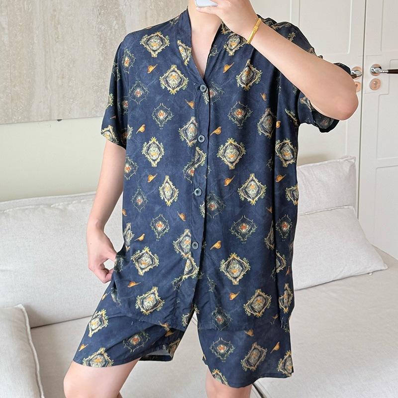 New Artificial Cotton and Silk Short-sleeved Shorts Summer Pajamas Women's Sweet Cardigan Casual Loungewear