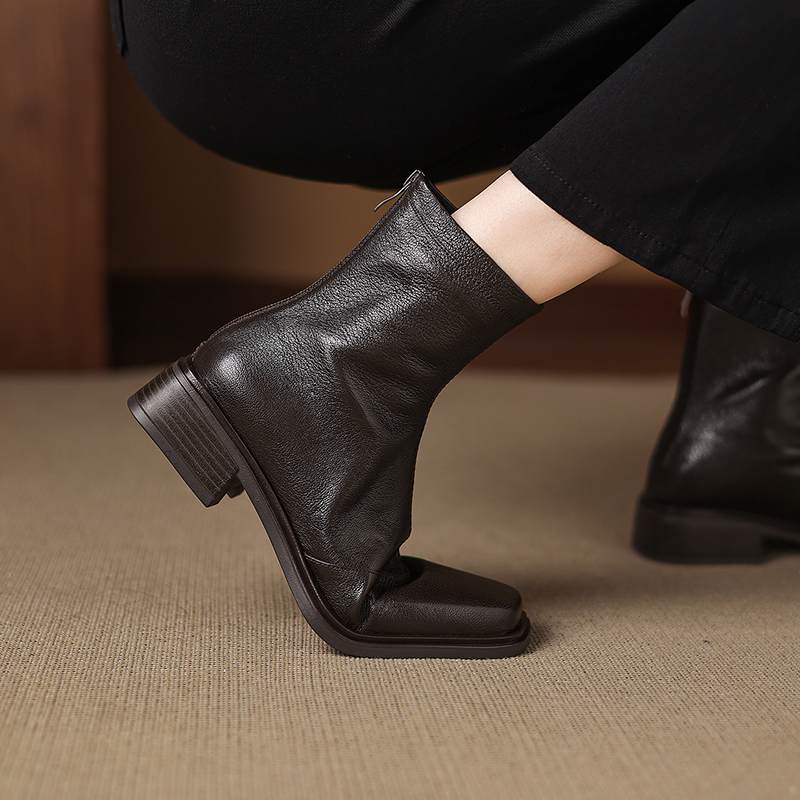Krazing Pot Sheepskin Winter Square Toe Western Boots Med Heels Zipper Women Ankle Boots