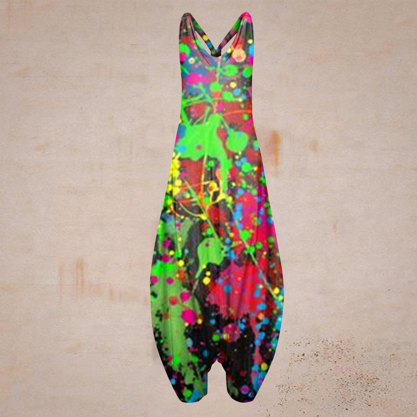 

Женский повседневный свободный комбинезон без рукавов с принтом разлива чернил большого размера на бретелях XXXXXL зелёный