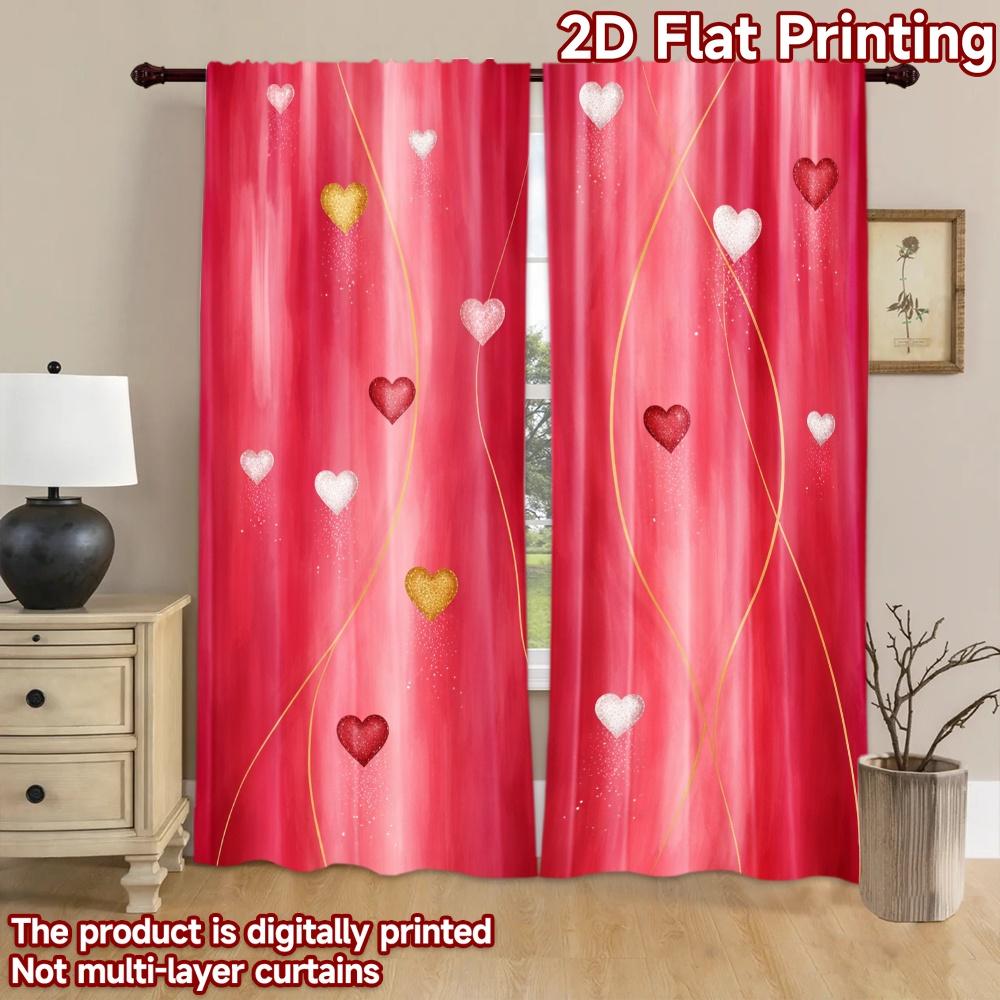 2D Flat Printing 2pcs Curtain Window Curtains Valentine's Day Heart Glow Digital Printed Polyester Drapes Festive Holiday Use