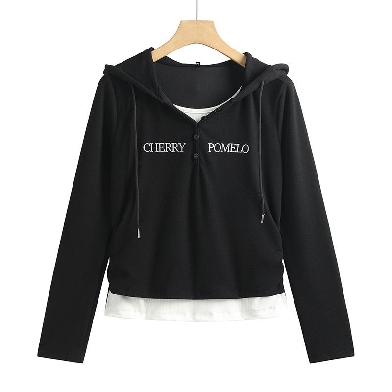 

Korean Style Women s Hooded Embroidered Sweatshirt - Comfortable Long Sleeve Fake Two-Piece Top, Versatile & Fashionable (215-1) Extra Large чёрный