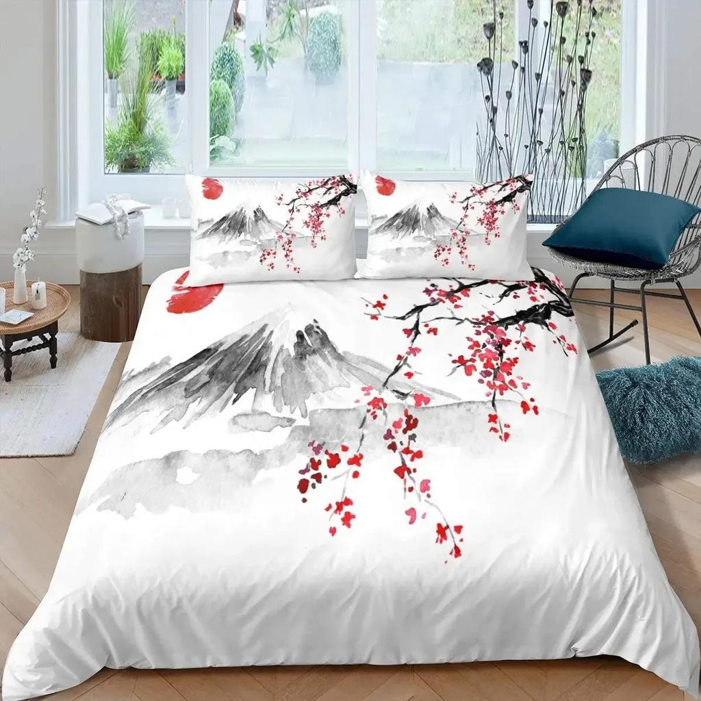 Japanische Bettwäschegarnitur, Zweig eines blühenden Sakura-Baums, Kirschblüten, Frühlingsthema, Kunst, Japanische Bettwäschegarnitur, Doppelbett