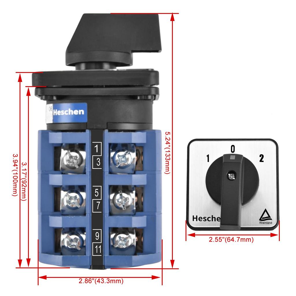 Heschen Univerzální otočný vačkový přepínač 660V CE, SZW26-63/D303.3, 63A, ZAP-VYP-ZAP 3-polohový, 3-fázový 12-svorkový,