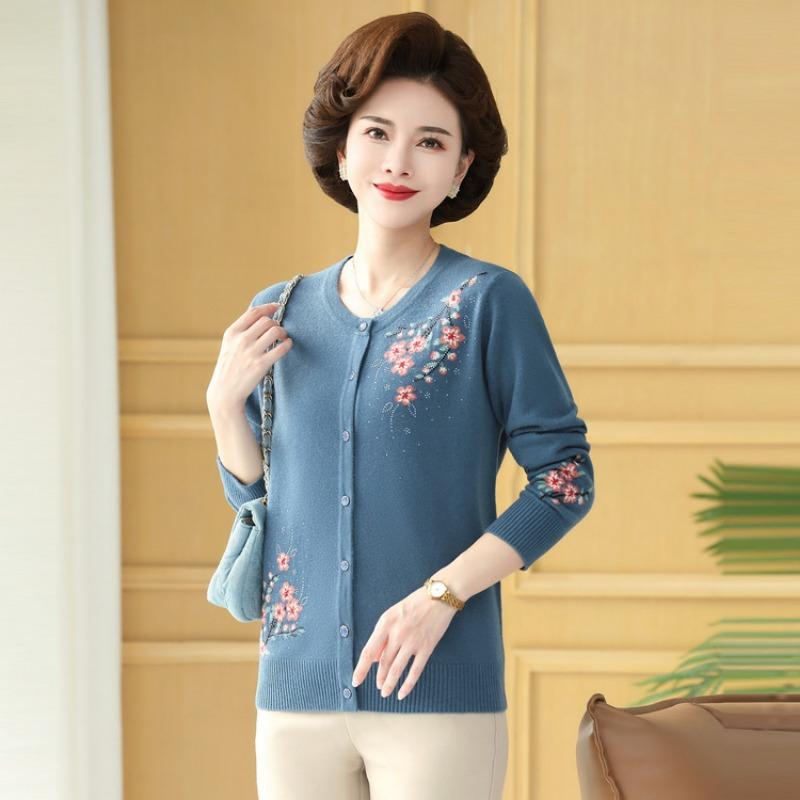 Middle-aged and Old Women's Sweater Bottoming Shirt Autumn New Heavy Industry Embroidered Cardigan Mother Fashion Age Reduction