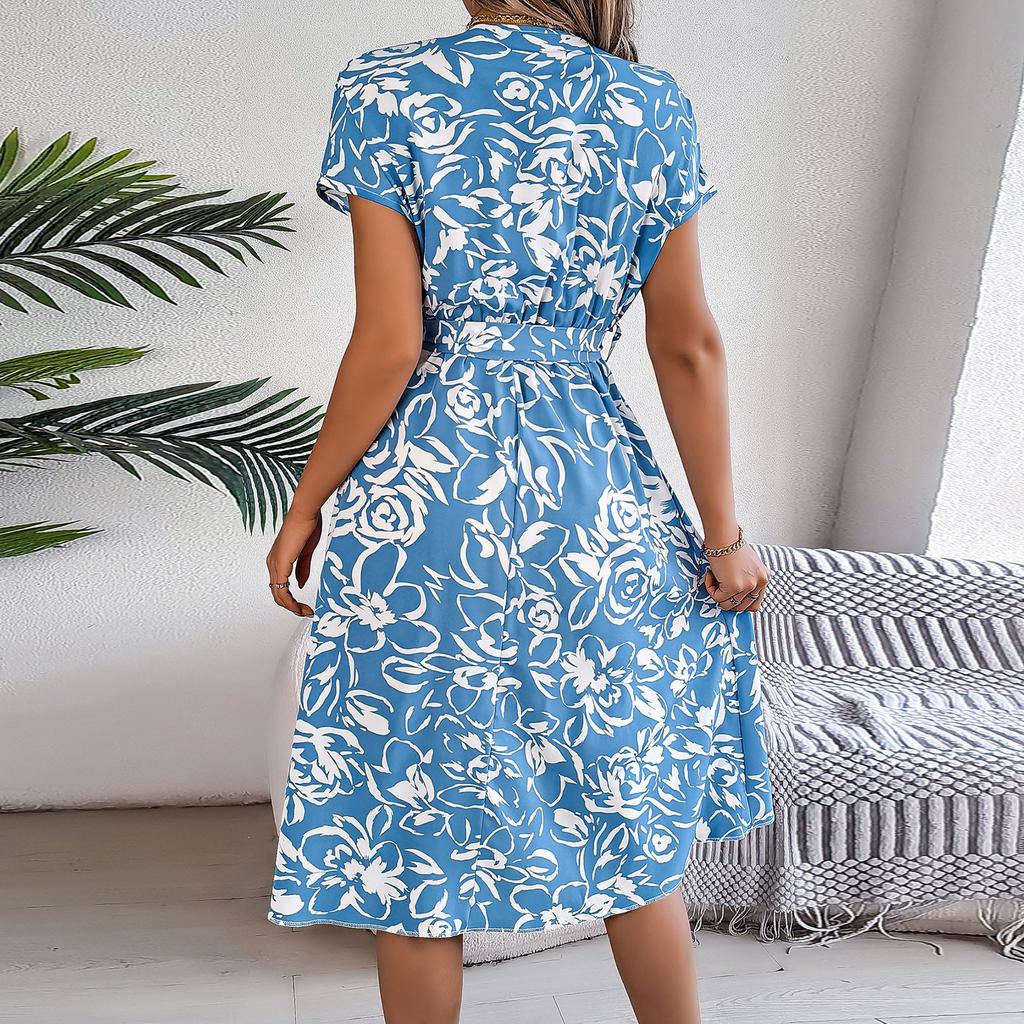 Spring And Summer Casual V-neck Button-down Short-sleeved Flower Swing Dress Cross-border Women's Clothing