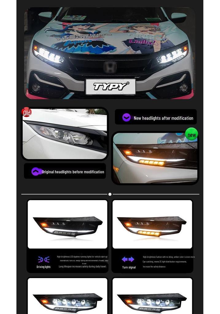 16-21 Civic Tenth Gen RS Style LED Projector Headlight with DRL & Sequential Turn Signals