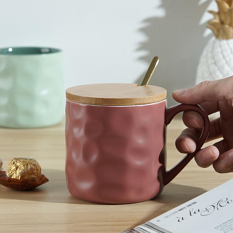 Contrasting colors ins wind Nordic ceramic mug with lid and spoon Creative household water cup Simple coffee cup Stone pattern