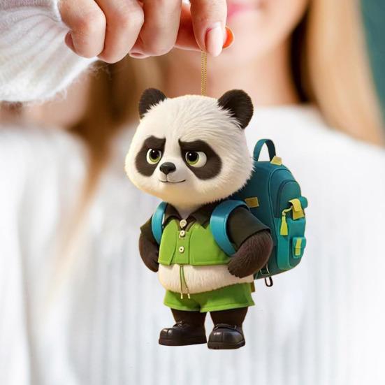 Panda Christmas Ornament 2D Acrylic Cartoon Panda Christmas Tree Hanging Ornament Cute Car Interior Accessories for Car Rear View Mirror Xmas
