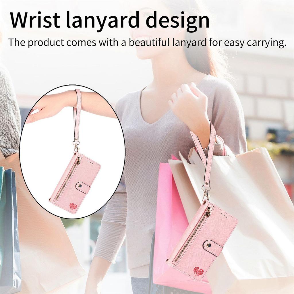 Leather Wallet Flip Case for Google Pixel 11 10 9 Pro XL 9A 8 8A 7 7A 6 6A, Phone Cover Zipper Pocket, Wrist Strap, Heart Emblem