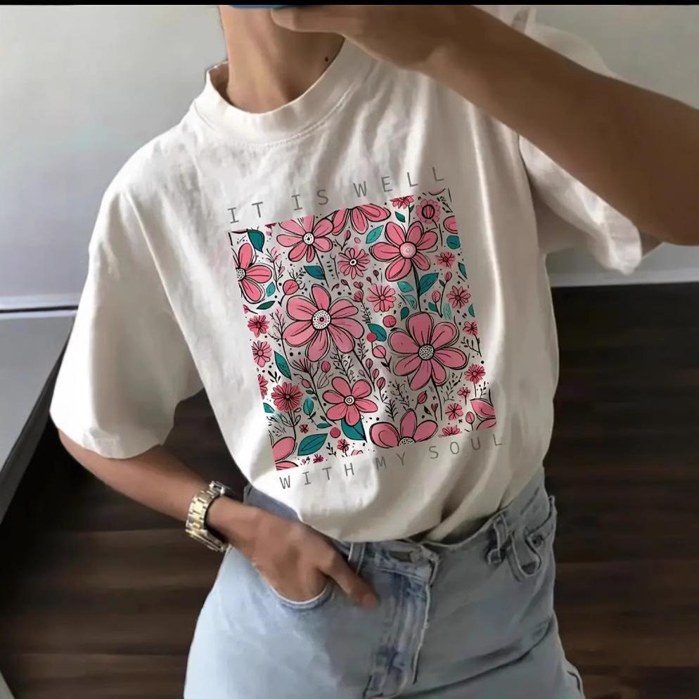 Women's Short Sleeve Floral Print Tee Round Neck Casual Oversized 100% Cotton T-Shirt