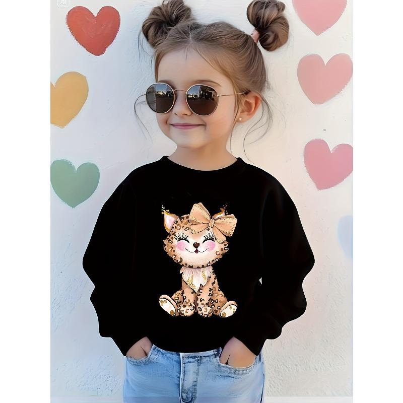 Kids Crewneck Long Sleeve Sweatshirt, Golden Bow Leopard Cute Cartoon Cat Print
