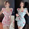 Retro Printing Hip-wrapped Short Skirt Women's Clothing Summer New V-neck Flying Sleeves Waist and Thin Temperament
