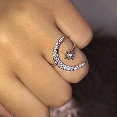 Bague réglable pour hommes et femmes, anneau d'amour de mariage, croissant de lune et étoile, pierre blanche, bijoux d'ouverture