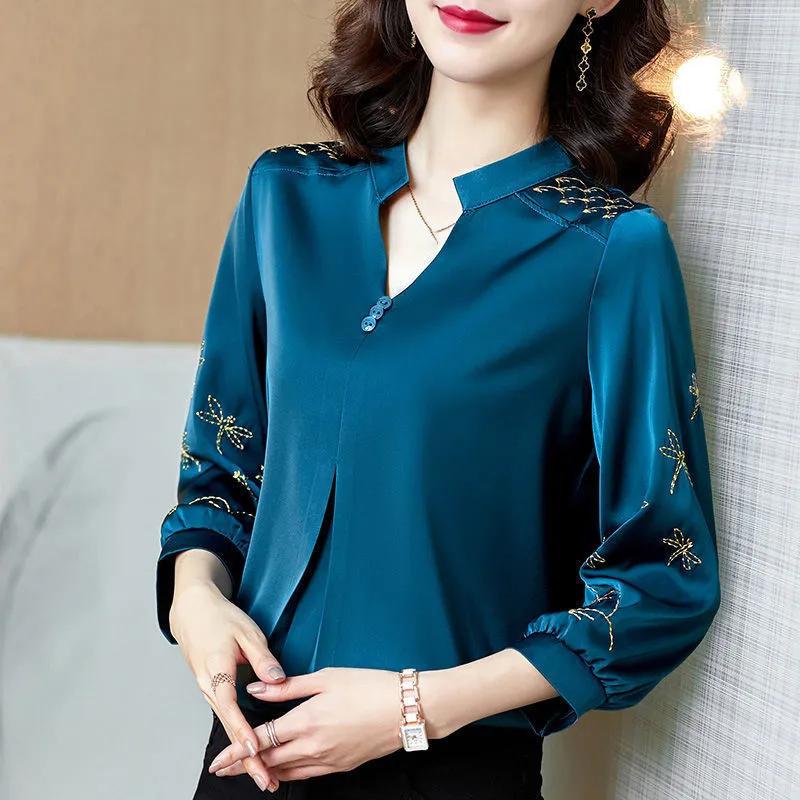 Spring Autumn Solid Colour Plus Size Women's Short Thin Section V Collar Seven Minute Sleeve Chiffon Shirt