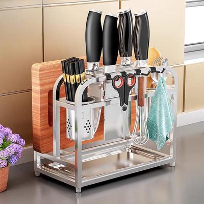 Stainless Steel Wall-Mounted Kitchen Storage Rack with Knife & Cutting Board Holder