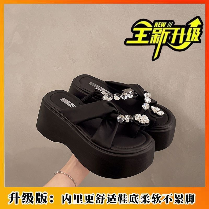 Sandals women's outer wear summer new small thick-soled high-heeled rhinestone cover toe cool slippers