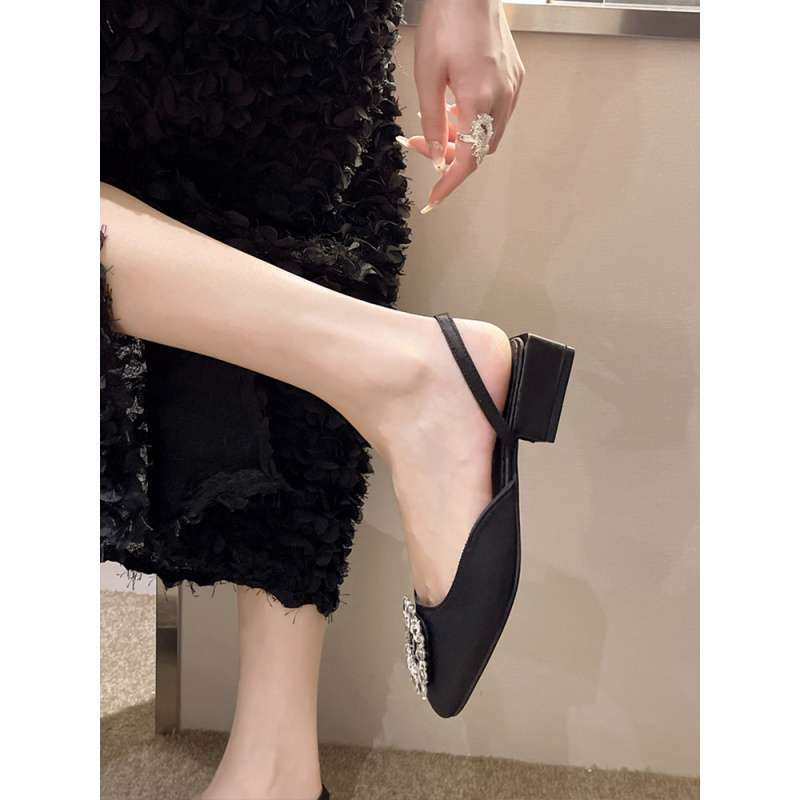 French thick heel bag head slippers fairy shoes 2025 new summer square head rhinestone Mary Jane shoes