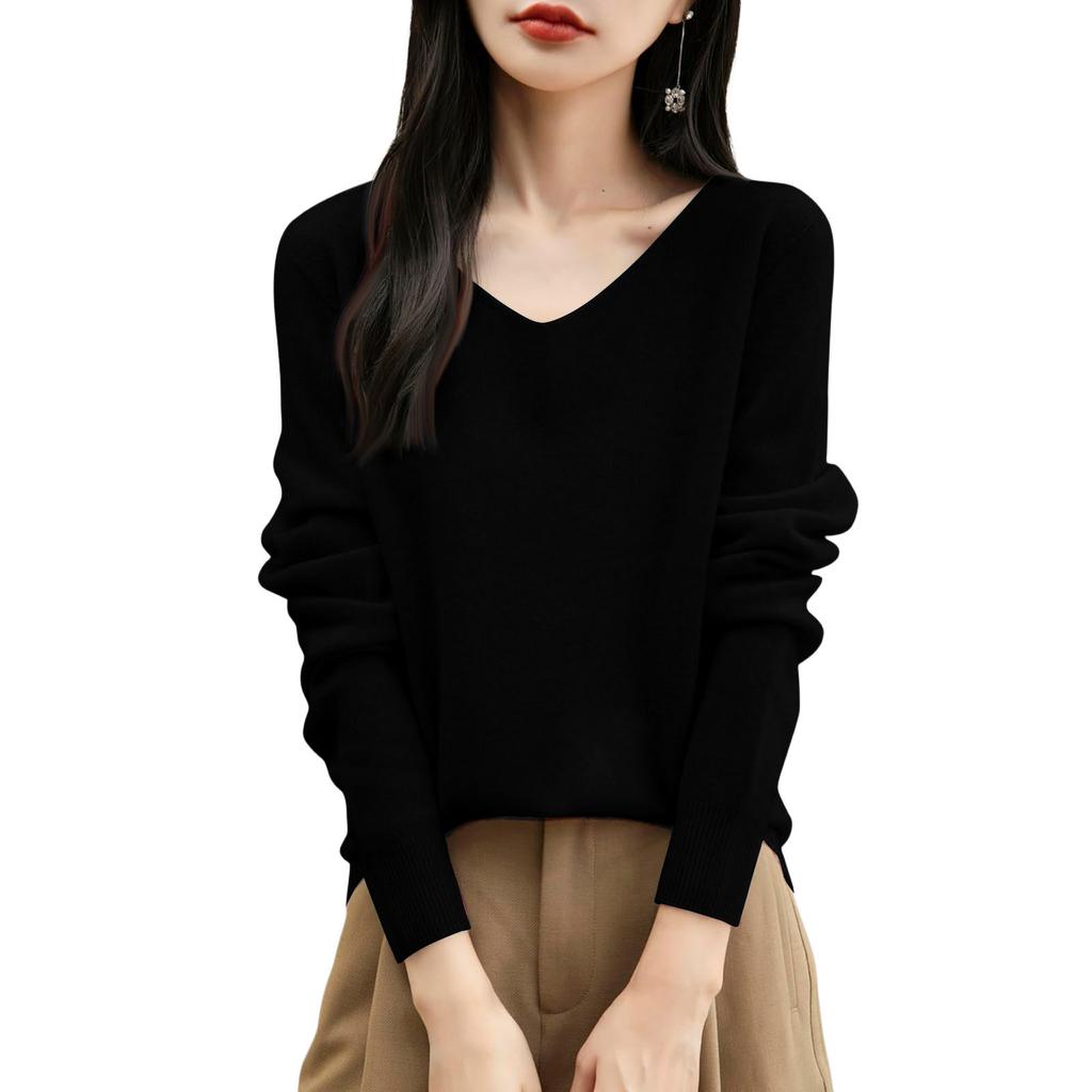 Women's Fashion Flat-Knit V-Neck Pullover Sweater Solid Color Long-Sleeve Top