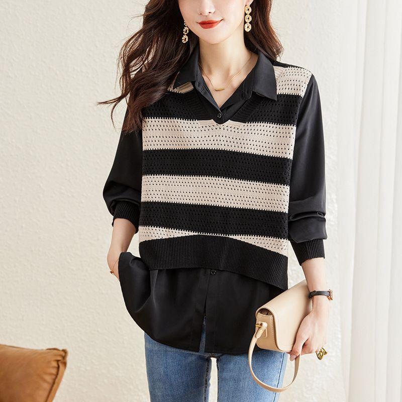 

Elegant Faux Twinset Sweater for Women - Chic Long Sleeve Knit Top with Lapel Collar, Perfect for Fall & Winter 2XL чорний