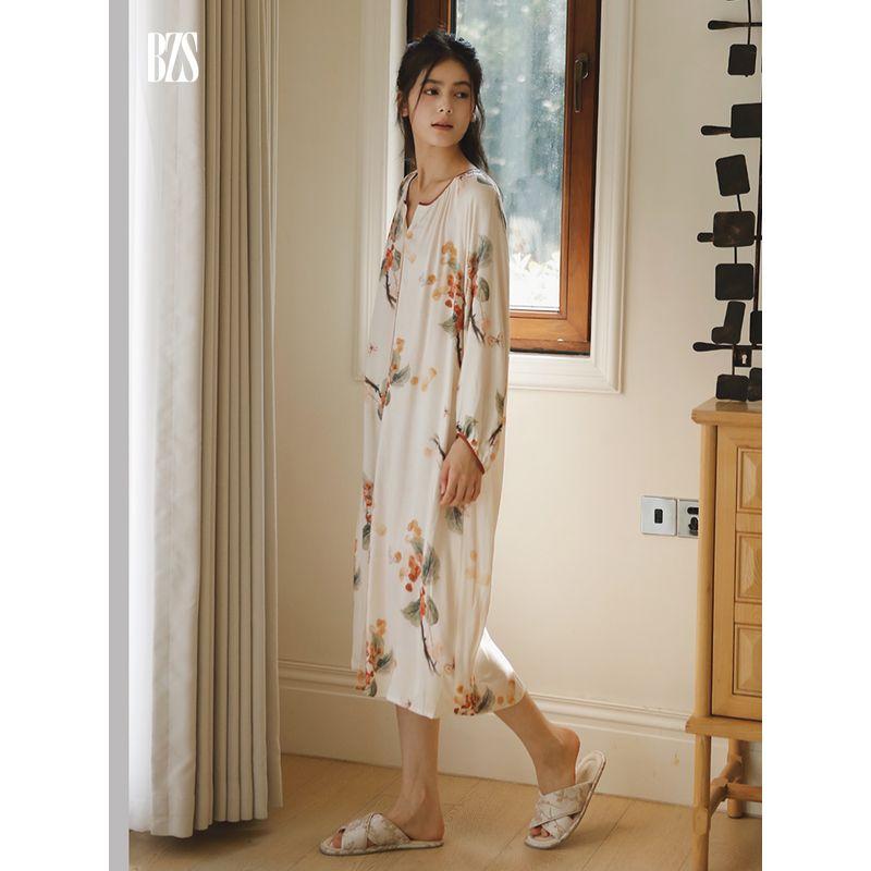 24 Autumn New Women's Rayon Satin Sweet Mori Fruit Outwear Print Cardigan Long Sleeves Home Nightdress
