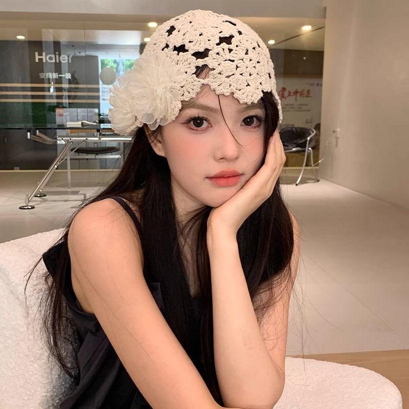 Women's Japanese Style Hollow Out Handmade Crochet Head Cap Thin Retro Flower Knitted Wool Hat Kni
