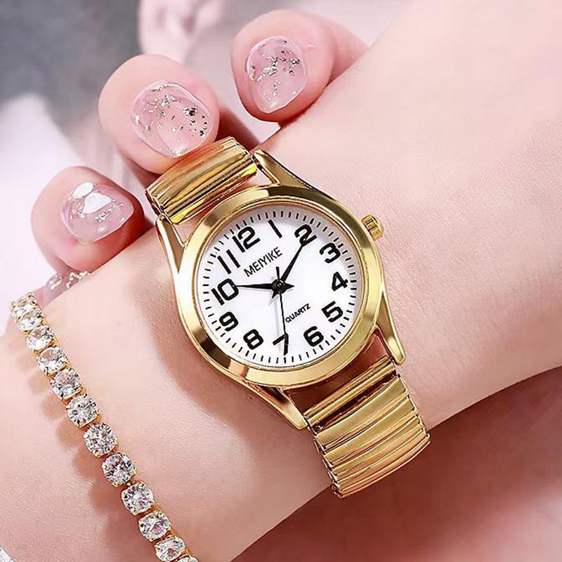 Vintage Large-Digit Quartz Watch with Stretchable Steel Band, Waterproof, Unisex for Middle-Aged and Elderly