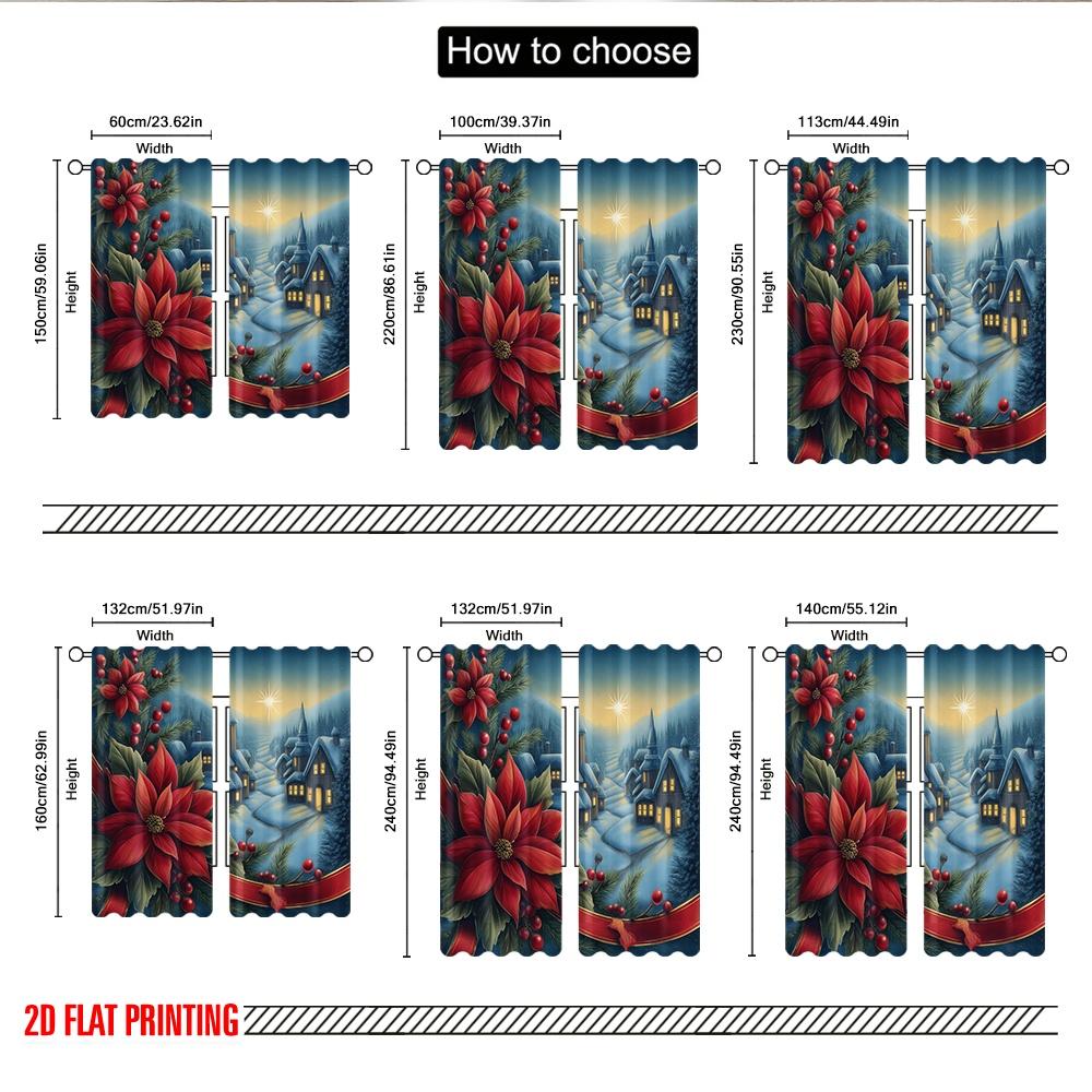 2pcs 2D flat printing Popular Christmas curtains Christmas Village Poinsettia Holly Digital Printed Polyester Drapes Birthday